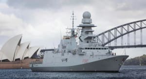 Italian FREMM frigate ITS Carabiniere in Sydney prior to going alongside at Fleet Base East, Garden Island. Credit: Defence