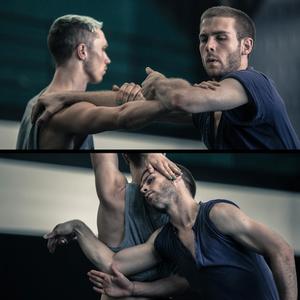 Cass Mortimer Eipper rehearsing with Thomas Bradley for De Novo.  Photo:  Bernhard Knauer.