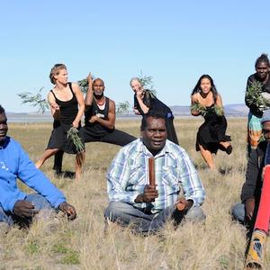 Front row L-R: Djakapurra Munyarryun, Banula Marika, Nalkuma Burarrwanga.  Back row L-R: Miranda Wheen, Albert David, Elizabeth Cameron Dalman OAM, Jade Dewi Tyas Tunggal, Janet Munyarryun.
