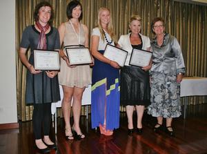 AWPA Airservices Australia 2012 Scholarship winners. L-R: Jessamyn Cull, Danielle Labinsky, Alice Klingberg, Tammy Augustin, Airservices' Vicki Huggins. (Max Barker)