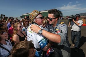 Ryan Campbell embraces his grandfather Bernie Hurley after landing at Wollongong. (Dylan Robinson via Sportscomm)