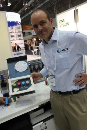 Amcor's Andres del Solar helps launch the company's expanded Stelvin wine cap liner range at WineTech in Sydney.