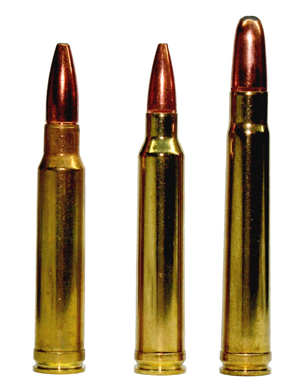 .300 Winchester Magnum (center) flanked by its parent cartridges: the .338 Winchester Magnum (left) and the .375 H&H Magnum (right).