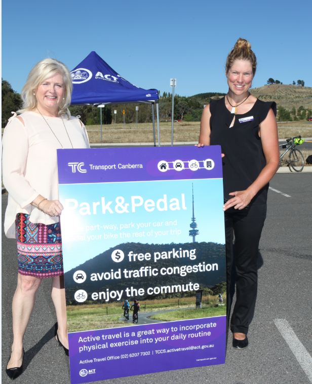 Michelle Narracott (left), Exectutive Director, Strategy Innovation and Customer Experience at Transport Canberra and City Services Directorate and her colleague Anna Gurnhill at the launch of what will hopefully be the first of several designated Park and Ride locations around Canberra.