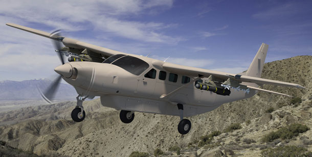 This impression shows hard points under the wings of a Cessna Caravan EX that can be used to deliver weapons.(Textron Aviation)