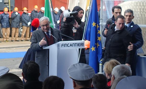 Fincantieri CEO Dr Giuseppe Bono speaks at the launch ceremony. Credit: Nigel Pittaway