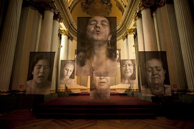 The images of BIFB core exhibitor Erika Diette from Columbia hung as shrouds in Ballarat's Mining Exchange. Here they are displayed at a previous exhibition.