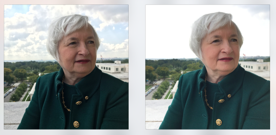 Janet Yelen photographed with HDR on (left) and HDR off. Photo by Luisa Dörr, courtesy TIME magazine.