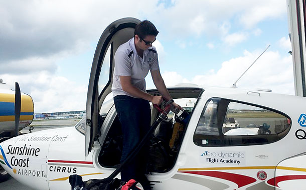 Lachie Smart tops up the ferry tank in his Cirrus SR22 during his trip around the world. (Wings Around the World)