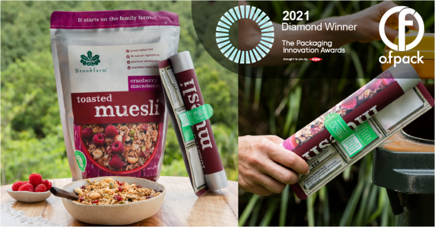 Top honour for O F Packaging’s High Barrier, Kerbside Recyclable Muesli Pouch for Brookfarm using the Roll ‘n’ Recycle program