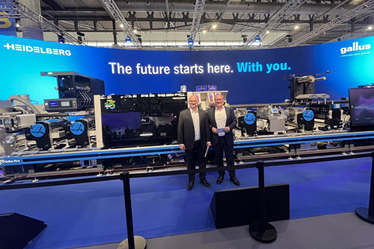Presenting latest innovations: (l-r) Dario Urbinati, CEO of Gallus Group, and Dr. David Schmedding, chief technology and sales officer at Heidelberg, with the new Gallus Five at Labelexpo Europe