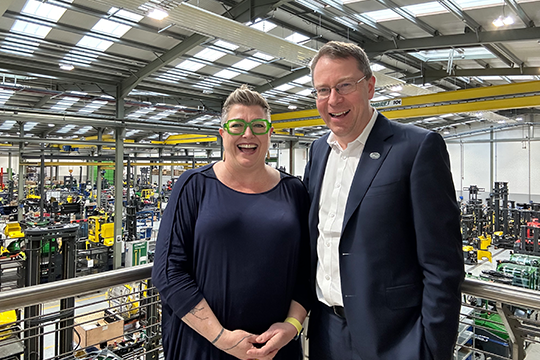 Kim Berry and Martin McVicar in the factory, which produces around 10,000 trucks a year.