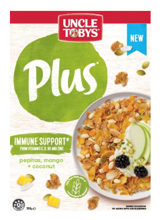 Nestle has launched a new immune support variety of its Uncle Tobys Plus cereal. Uncle Tobys Plus Immune Support is a blend of pepitas, mango and coconut, and rich in vitamin C, D, B6 and zinc.