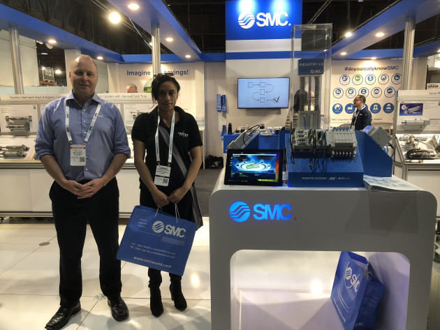 SMC’s Andrew Clothier (stand 2023, and pictured with visitor Catherine Downs from Vertex Engineers in Hamilton) says visitors were gravitating to its new tech, including its Industry 4.0 offerings and energy-saving solutions. Clothier said business was strong in the New Zealand marketplace, where SMC leads in its market, with 37 per cent market share