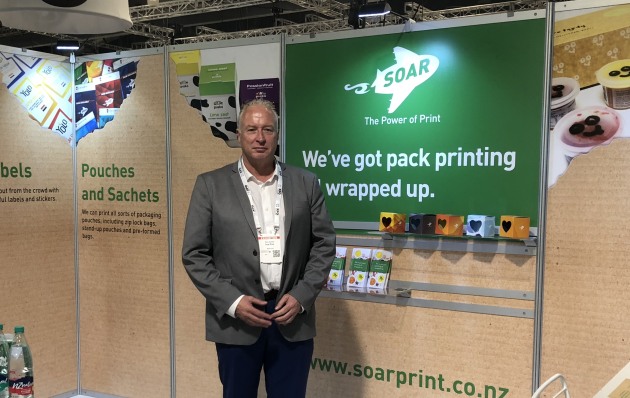 Soar Print’s Paul Jacomb (stand 2123) said the NZ printing company was launching its new flexible pouch printing offering at Foodtech Packtech. The third generation family business has diversified over the years, with pouch printing flexible pouches its latest foray, and Jacomb says the company can print all sorts of pouches including zip lock bags, stand-up pouches and pre-formed bags “We are getting lots of enquiries from new ventures and boutique foodies, and we are feeling our way, so we can respond to what the market wants," he says. "Our optimum run is 10,000 but we can go down to low numbers.”