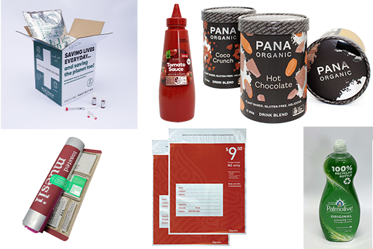 Some of the ANZ award winners, clockwise from left: Vaccine Protector by Planet Protector Packaging; Squeezy Sauce Bottle by Wellman Packaging; Pana Organic by Zipform Packaging; Colgate Palmolive 100% rPET by Wellman Packaging; NZ Post Jiffy Mailer by Sealed Air; Roll 'n Recycle by O F Packaging.