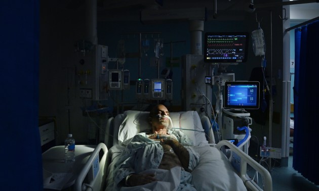 Photo: Kate Geraghty, The Sydney Morning Herald. A COVID-19 positive patient with the Delta variant receives treatment in St Vincent’s Hospital’s Intensive Care Unit. Sydney, NSW. July 13, 2021.