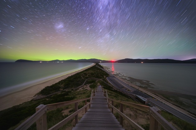 The Neck, Bruny Island. Star trail of Milky Way with Aurora. Photo by Luke Tscharke.
