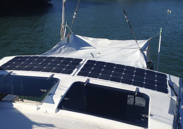 100w solar panels installed on a catamaran.