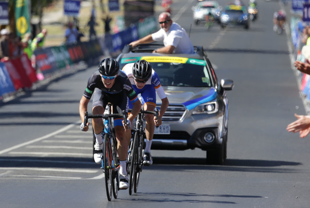 The sprint to the finish for Chris Hamilton, narrowly beating the strong climber Lucas Hamilton. Photo by Cycling Australia.