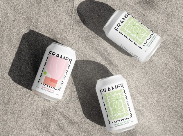 Australian independent drinks brand Framer has launched its first hard seltzer range, with each can featuring artwork by emerging artists, and a portion of the profit from each sale going to the featured artist. Image: Framer