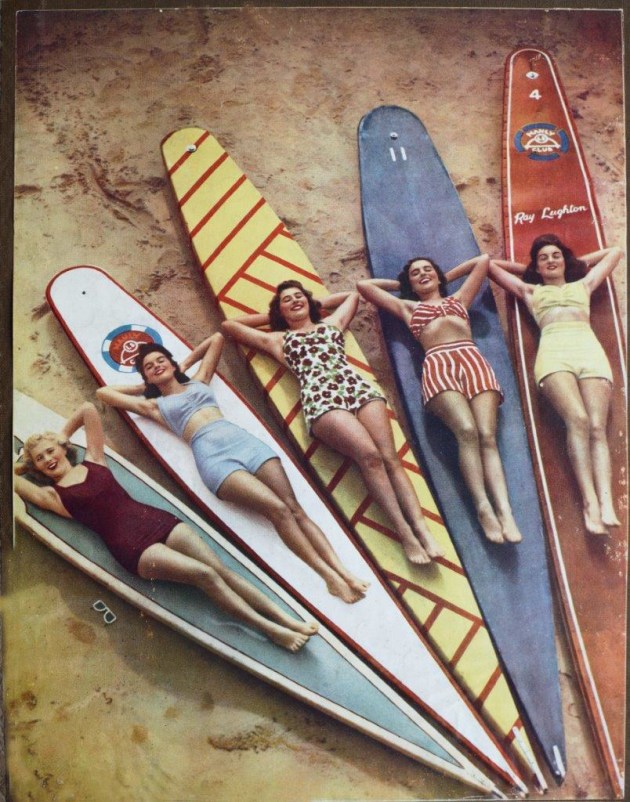 Swimwear shoot, using boards from the Manly Life Saving Club, 1940s. Photograph by Ray Leighton. Image courtesy Betty Leighton.