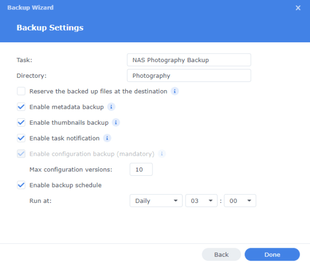 Hyper Backup settings