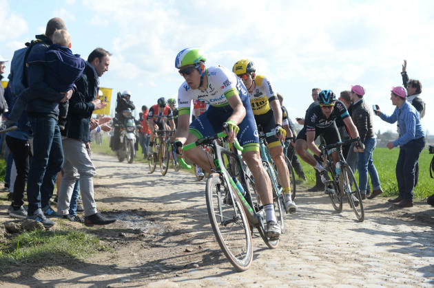 Hayman leading the break away group through one of the final pave sectors during the gruelling 257km Paris-Roubaix. Photo by Sirotti