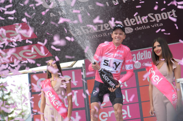 He's conquered yellow and red and now appears to be on track to win in pink - Chris Froome celebrates after his phenomenal Stage 19 Giro d'Italia win. Image: Sirotti.