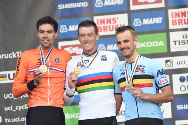 TT Legends: Rohan Dennis on the podium with second placed Tom Dumoulin and third Victor Campenaerts at the 2019 World Championships. Image: Sirotti