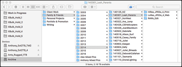 Good file management is an essential part of any storage system. This is my Work In Progress folder as (see the far left of the finder window) in which I keep all the current projects. The date format (year,month,day) is when I shot the assignment will the name is reference to the client and project. Within each job folder I create new folders for the good RAW files (RAW Edit), the reject RAW files (RAWs Unloved) and the worked JPEG files. I usually make a point of renaming the good RAW files, and this name is preserved as I export them to JPEGs.