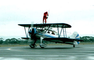 Eddie Andreini taxis his biplane out whilst Lee Oman gets ready at Avalon in 2005. (Steve Hitchen)