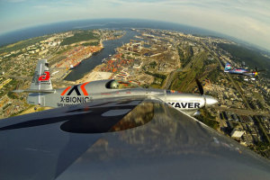 World Champion Hannes Arch and perennial favourite Peter Besenyei over the port city of Gdynia in Poland. (Red Bull Content Pool)