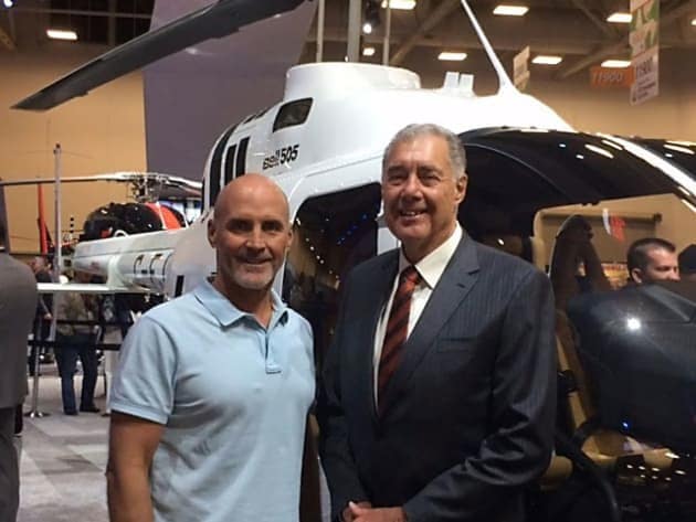 Grant Kenny (left) and Australian Helicopter Industry Association president Peter Crook flew the Bell 505 at an event held as part of the HAI Heli Expo in the US this week.