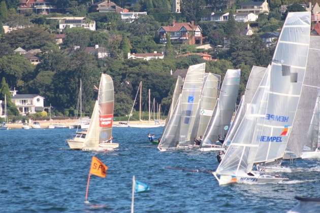 Busy start line at the 12ft skiff nationals. Photo Vita Williams.