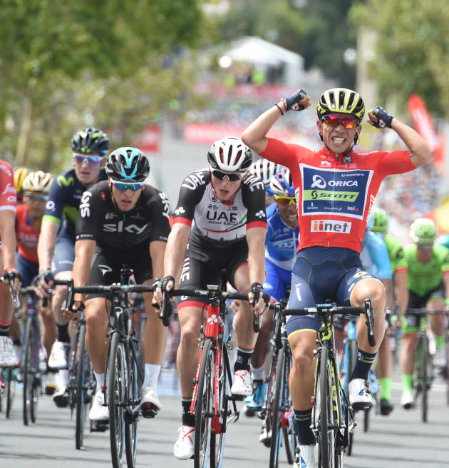 Caleb Ewan wins a stage of what has become his signature event, the Santos Tour Down Under. Image: Sirotti.