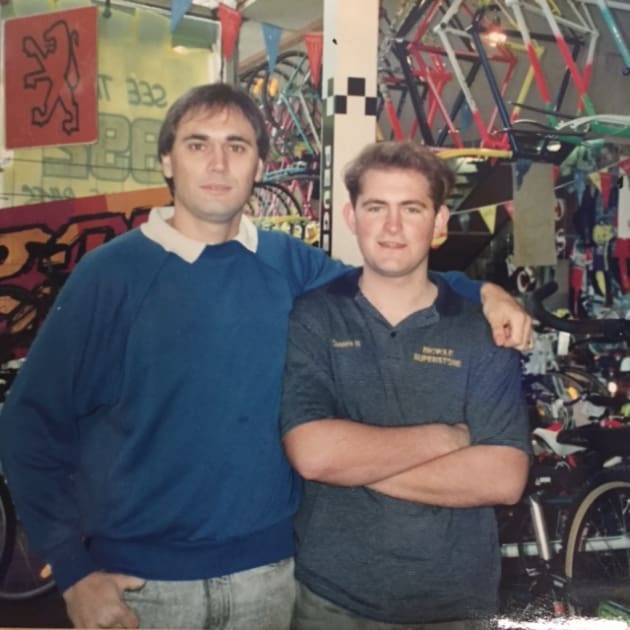 No, it&rsquo;s not a commercial for skin care or hair products, but a very young looking Bill Abbott (left) and Darren Rutherford working at Bicycle Superstore around 25 years ago.