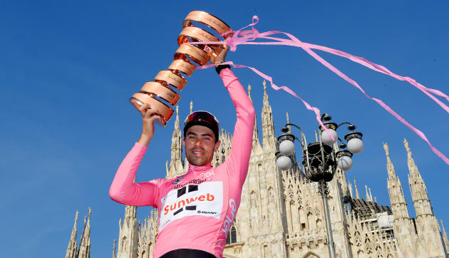 2017 Giro winner Tom Dumoulin celebrates his victory in Milan. Image: Sirotti.
