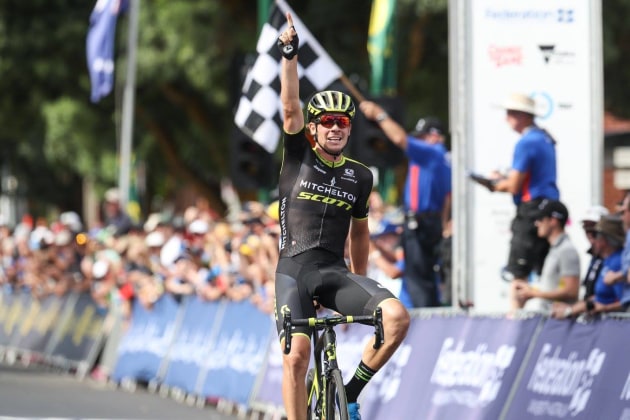 Alex 'Edmo' Edmondson crosses the line to secure a 'fairy tale win' at the 2018 National Championships. Image: Mitchelton-Scott / Con Chronis.