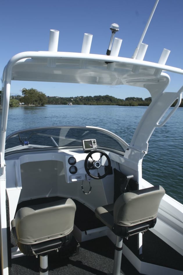 The central cabin position allows for good protection in bad weather while still giving all-round boat access. While the test boat had a small sounder, there is plenty of room to install a larger unit.