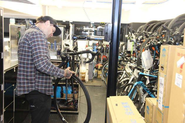 The upstairs workshop is compact but functional.