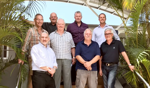 Uniting the Gold Coast International Marine Expo and Boating Industry Association at a recent meeting are, back row left-right, Paul Phelan (Telwater), Trenton Gay (Gold Coast City Marina and Shipyard), Rodney Longhurst (Riviera); middle row, Howard Glenn (BIA), Patrick Gay (BIA), Alan Blake (BIA), Stephen Milne (Riviera); and, front, Domenic Genua (BIA).