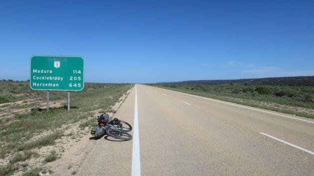 Cross-Australia rider Markus Stitz took this iconic image on his way across 90-mile straight on the Nullarbor Plain. Image IPWR/ Markus Stitz.