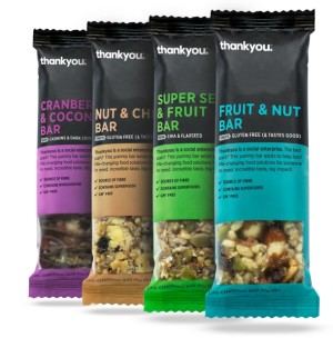 Thankyou's full range to date includes snack bars, cereal, body care and bottled water.