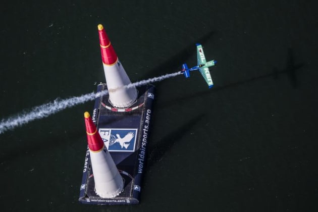 Japan's Yoshi Muroya blast through a gate at the San Diego round of the 2017 Red Bull Air Race world championship. (Red Bull Content Pool/Joerg Mitter)