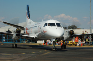 A Rex SAAB 340 taxis away from the terminal at Albury regional airport. (Steve Hitchen)