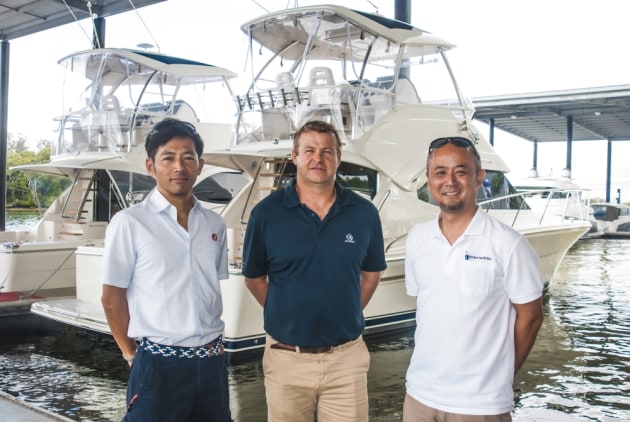 Riviera Dealer Relationship Manager Peter Welch with Unimat Precious representatives Mitsuru Ishii (left) and Futoshi Ninomiya.
