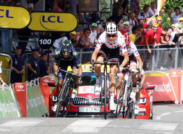 Warren Barguil enjoys his Bastille Day win in the ancient town of Foix. Image: Sirotti.