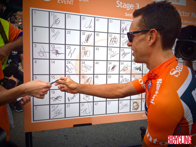 Race winner Richie Porte signs on at Stage 3 of the 2017 event. Image: Nat Bromhead.