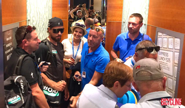 Peter Sagan and Jens Voigt among others in this full lift at the Hilton Adelaide. Image: Nat Bromhead.